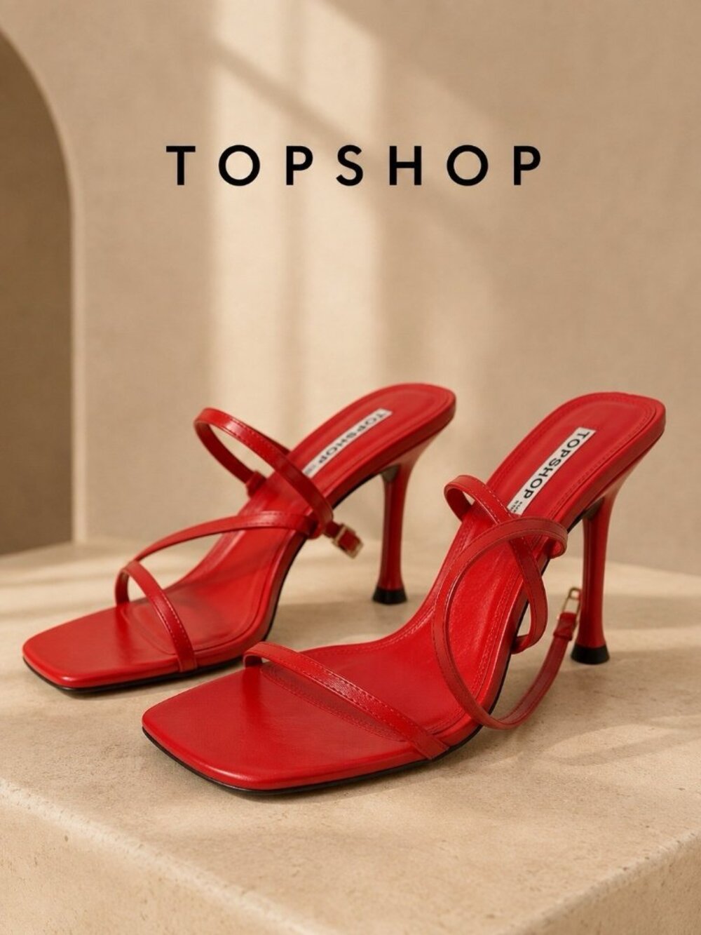 TOPSHOP Red Leather Strappy Heels Sandals EU 38 US 7.5 Square Toe 4” NWOB
